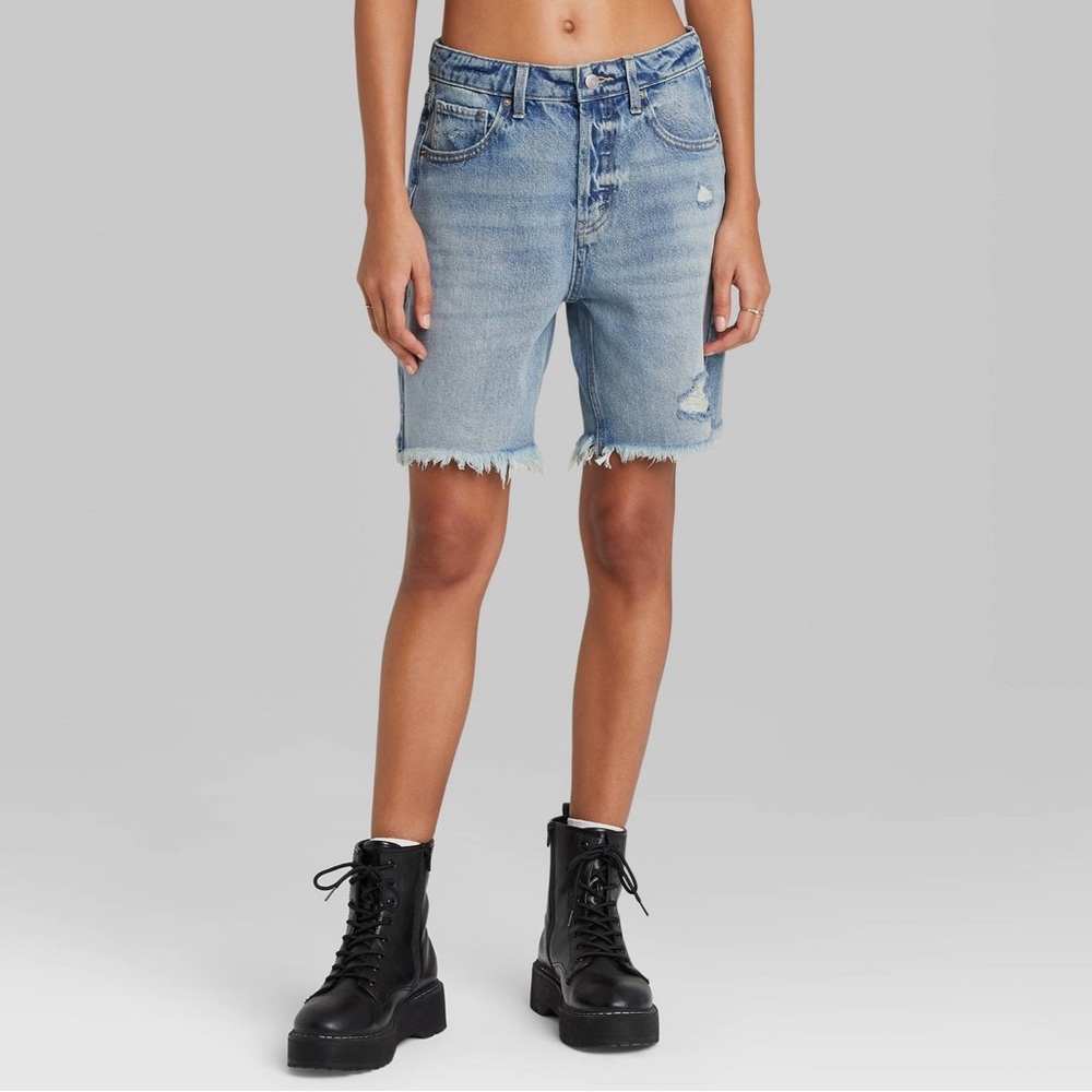 High-Rise Wide Leg Bermuda Cutoff Jean Shorts- Medium Wash NWT